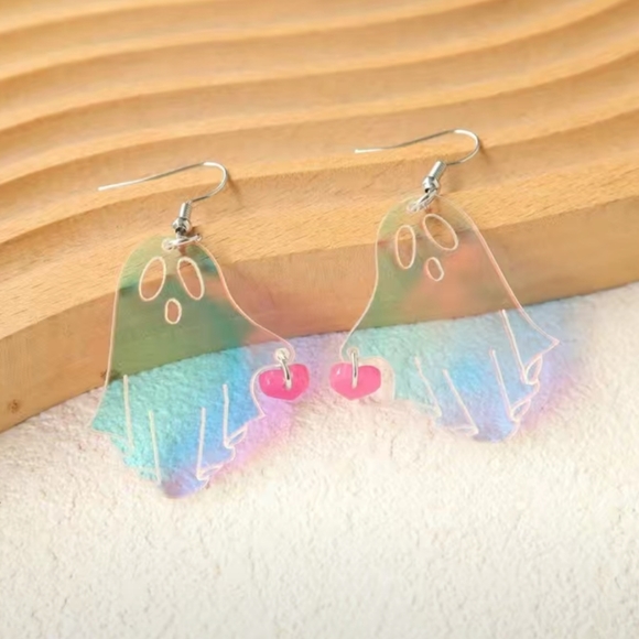 HALLOWEEN Luminous Acrylic Ghost Dangle Earrings w/ Pink Heart - Picture 3 of 11